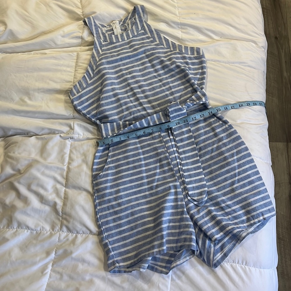 White and light blue striped romper